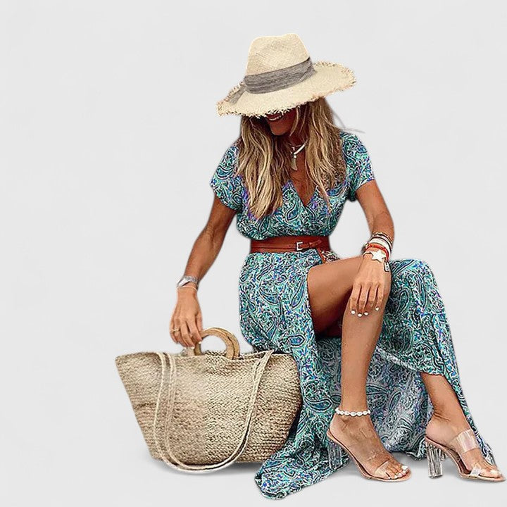 Effortless Paisley Print Maxi Dress for Women with V Neck Short Sleeve Belted Side Slit Flowing Boho Style
