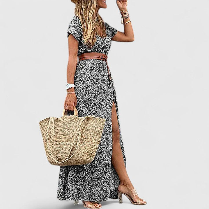 Effortless Paisley Print Maxi Dress for Women with V Neck Short Sleeve Belted Side Slit Flowing Boho Style