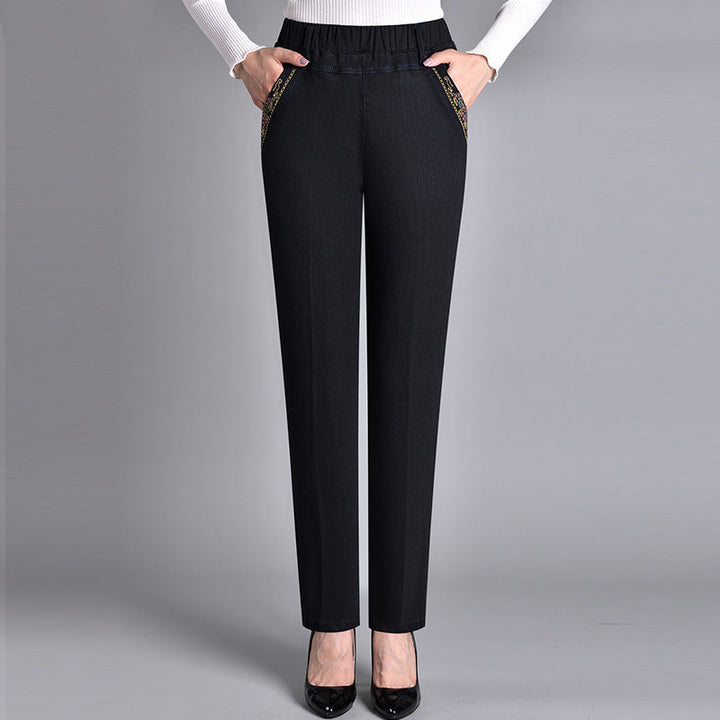Comfortable Denim Jeans for Women with High Waist Elastic Waistband Tapered Leg Embroidered Pocket Style