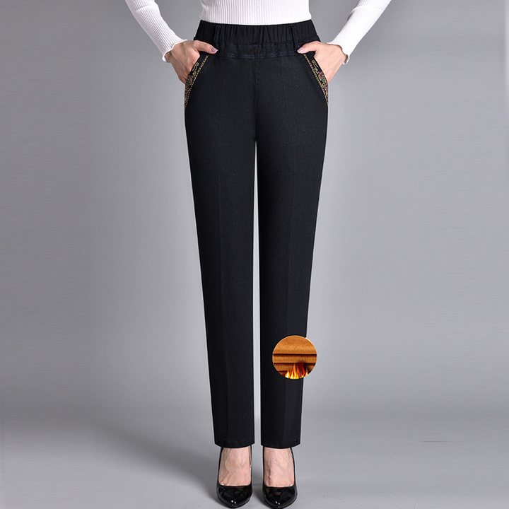 Comfortable Denim Jeans for Women with High Waist Elastic Waistband Tapered Leg Embroidered Pocket Style