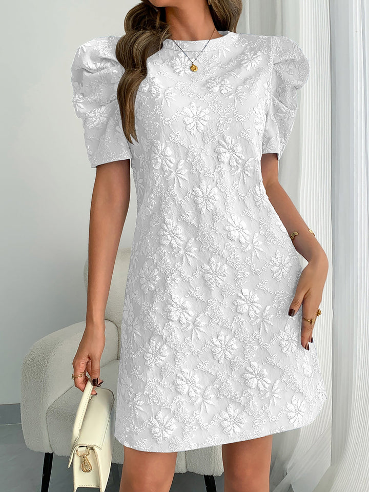 Elegant White Mini Dress for Women with Puff Sleeve Floral Jacquard Round Neck Style