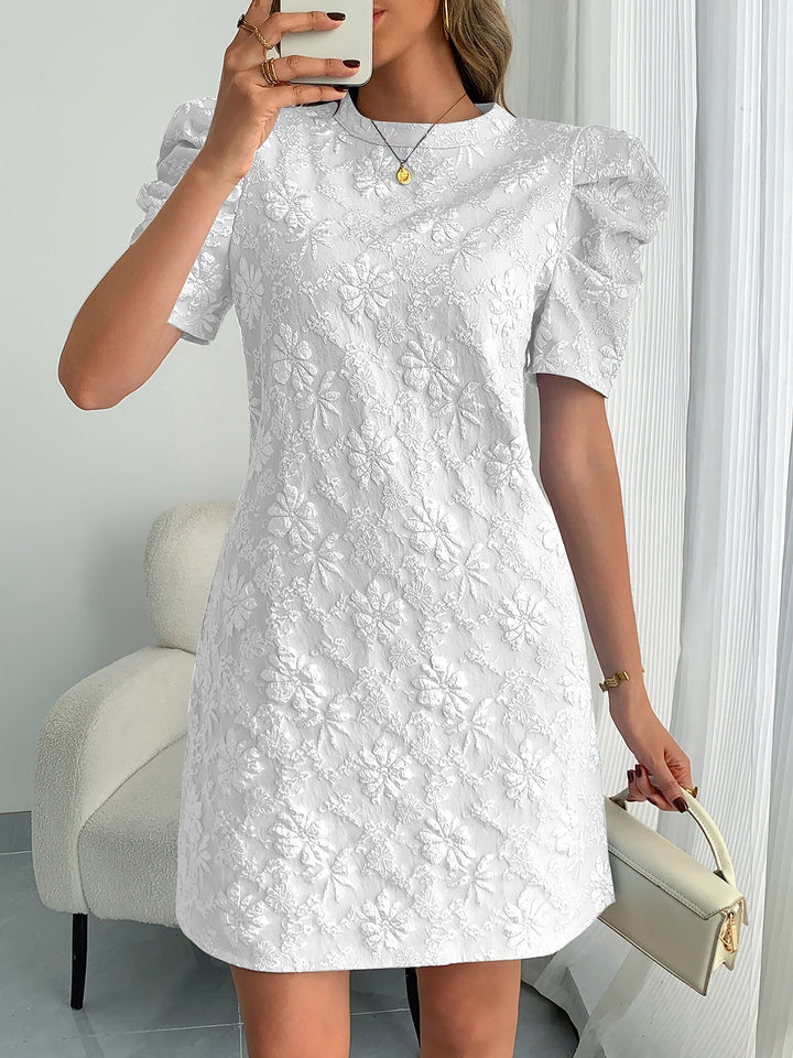 Elegant White Mini Dress for Women with Puff Sleeve Textured Lace Shift