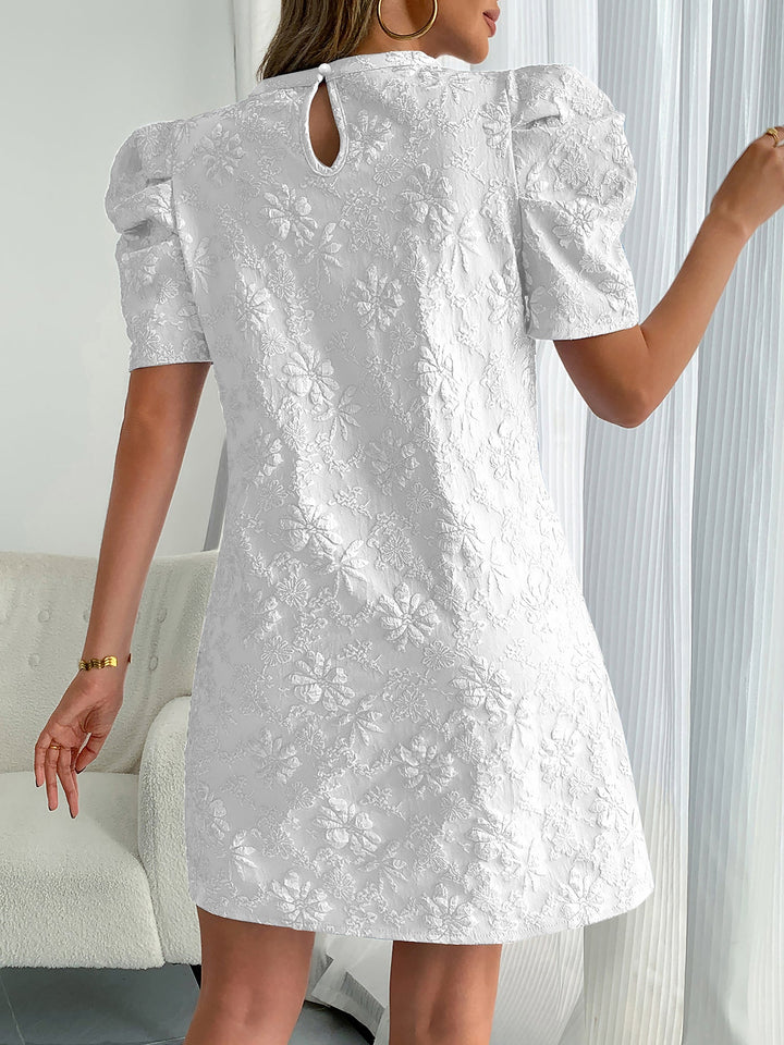 Elegant White Mini Dress for Women with Puff Sleeve Textured Lace Shift