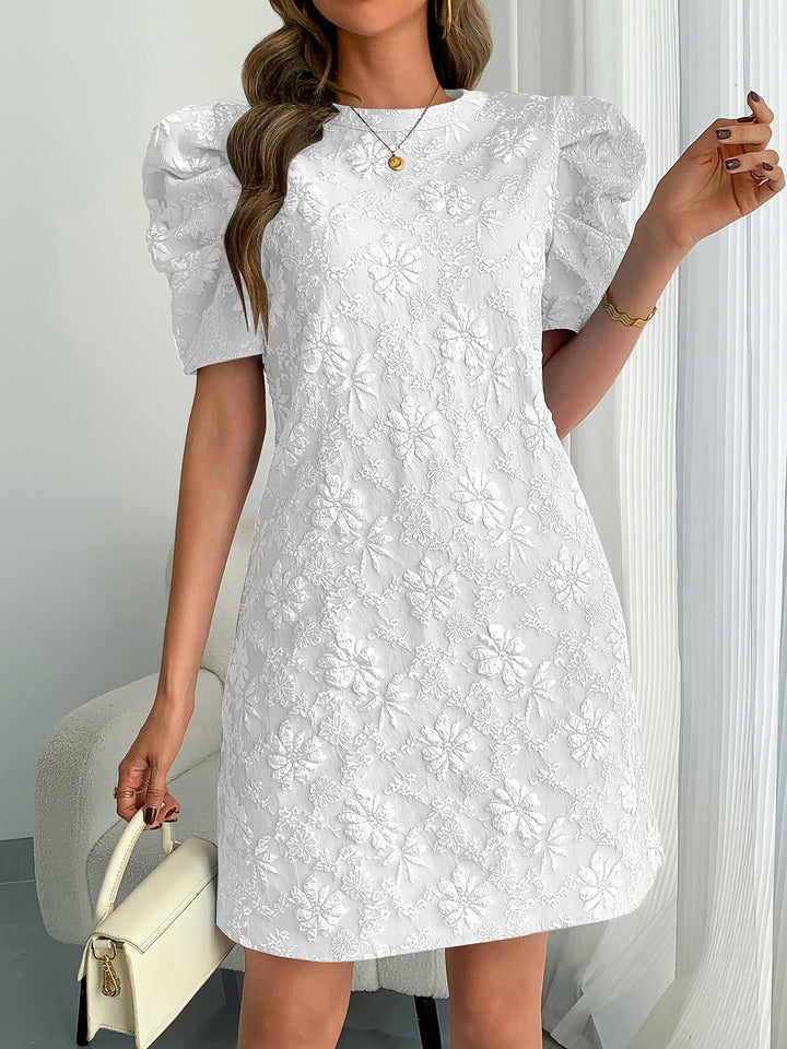 Elegant White Mini Dress for Women with Puff Sleeve Floral Jacquard Round Neck Style