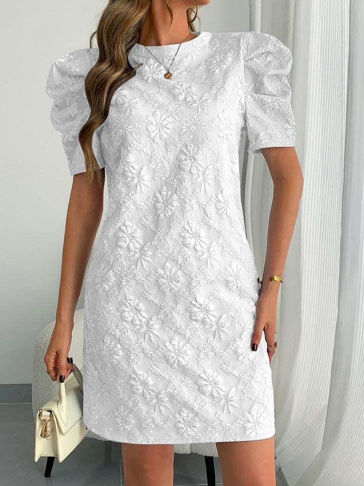 Elegant White Mini Dress for Women with Puff Sleeve Textured Lace Shift