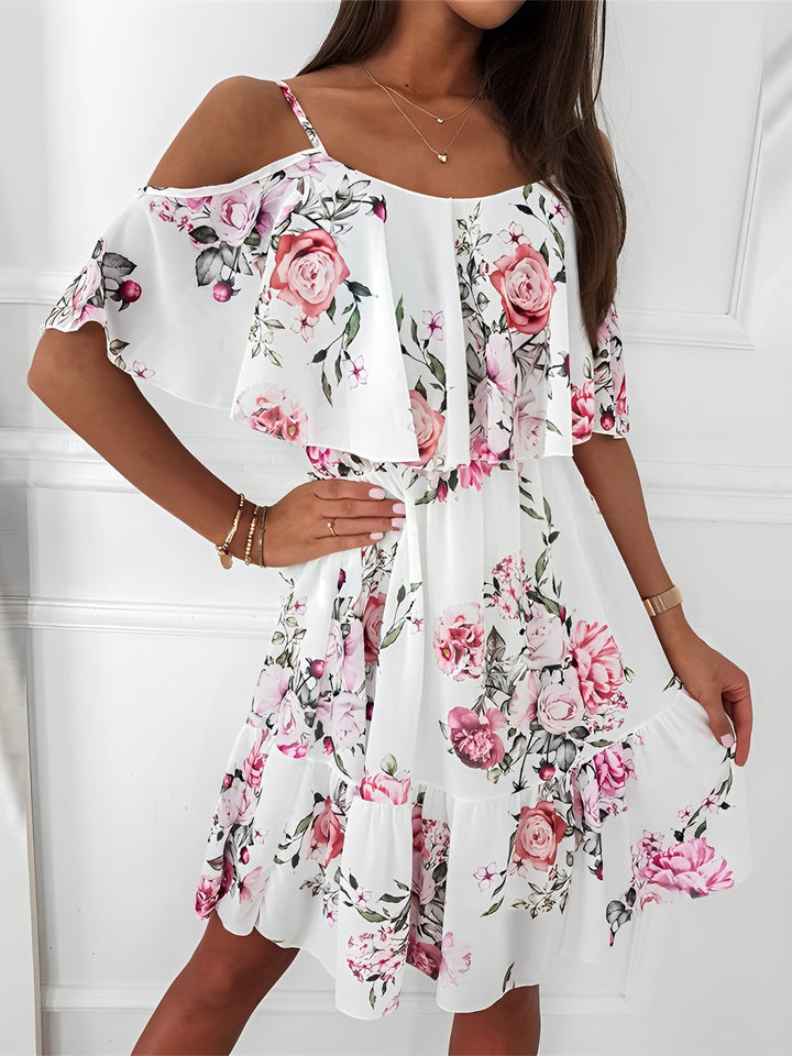 Effortless Floral Mini Dress for Women with Cold Shoulder Ruffle Trim Flowy Style