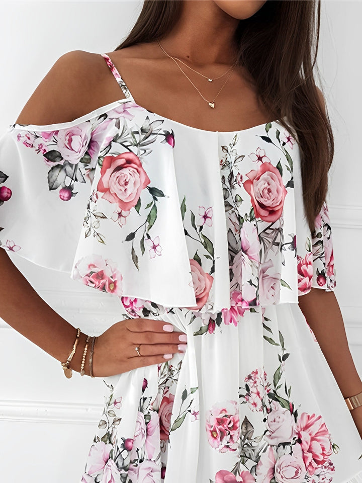 Effortless Floral Mini Dress for Women with Cold Shoulder Ruffle Trim Flowy Style
