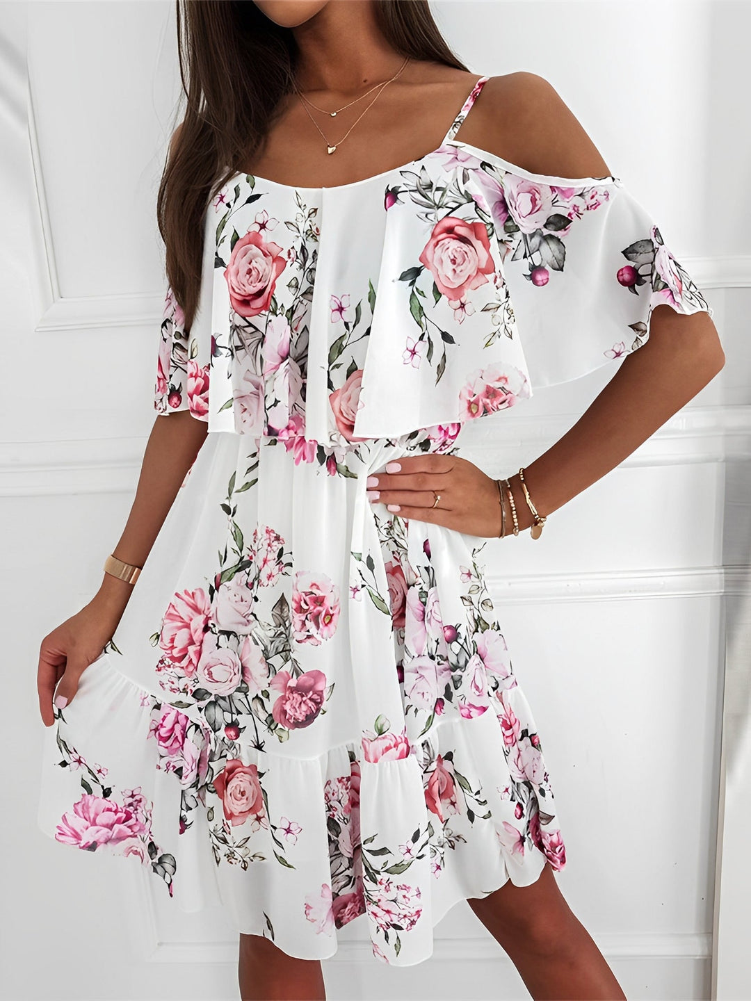 Effortless Floral Mini Dress for Women with Cold Shoulder Ruffle Trim Flowy Style