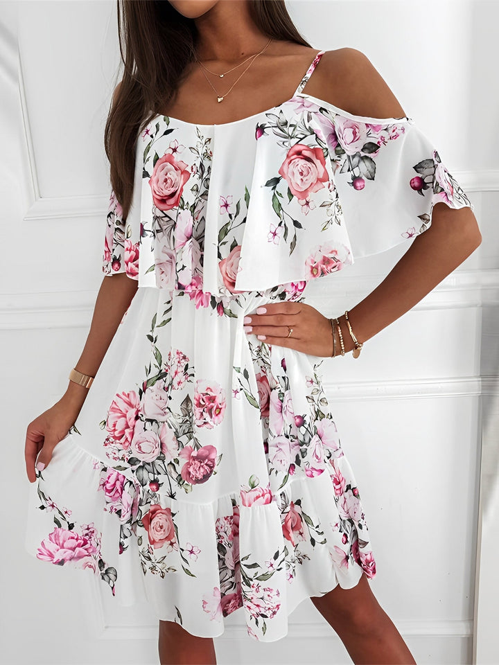 Effortless Floral Mini Dress for Women with Cold Shoulder Ruffle Trim Flowy Style