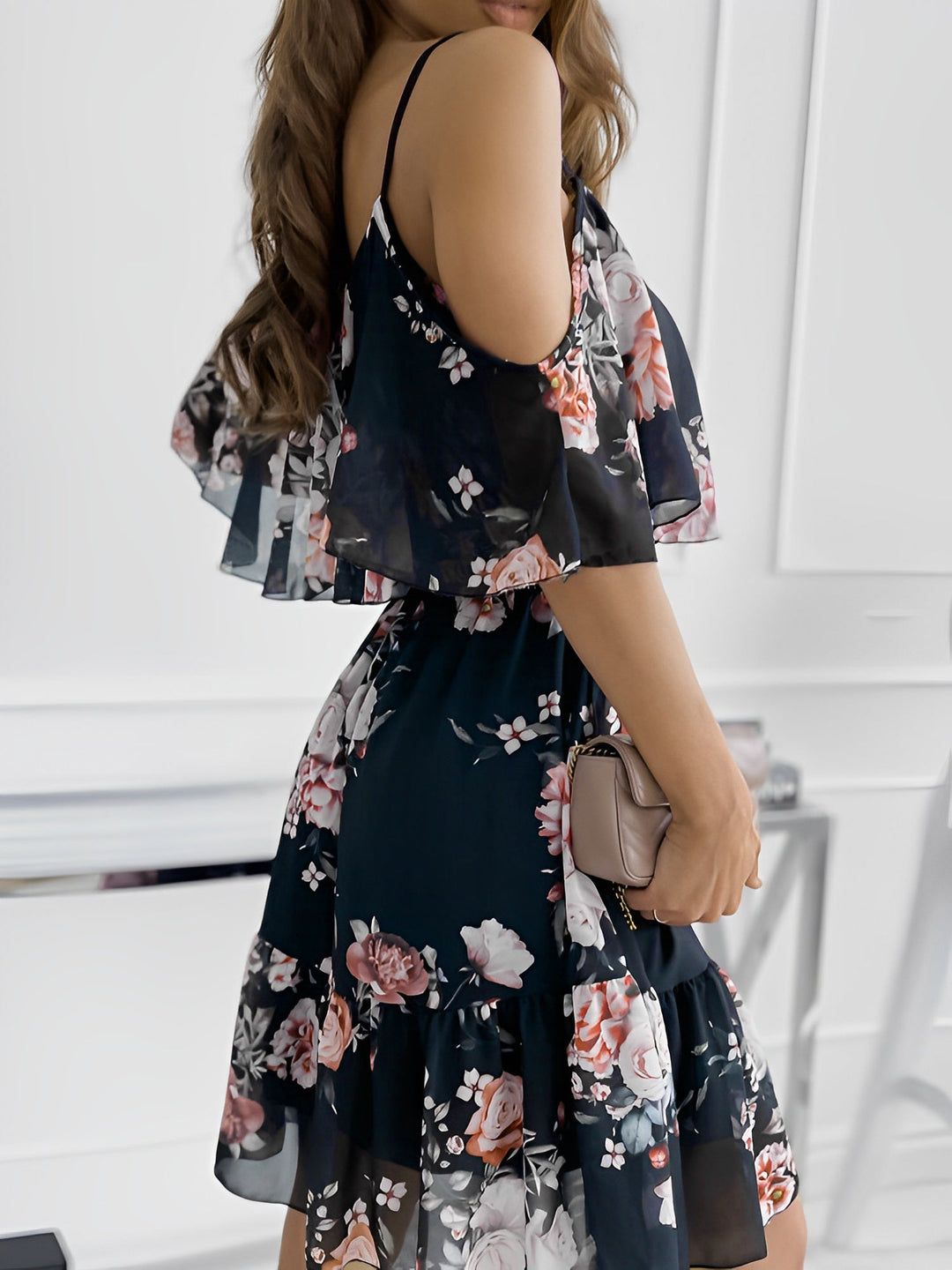 Effortless Floral Mini Dress for Women with Cold Shoulder Ruffle Trim Flowy Style