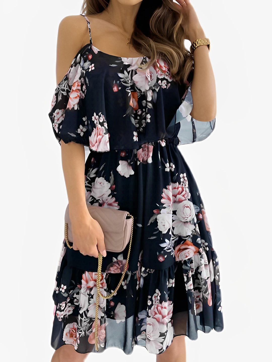 Effortless Floral Mini Dress for Women with Cold Shoulder Ruffle Trim Flowy Style
