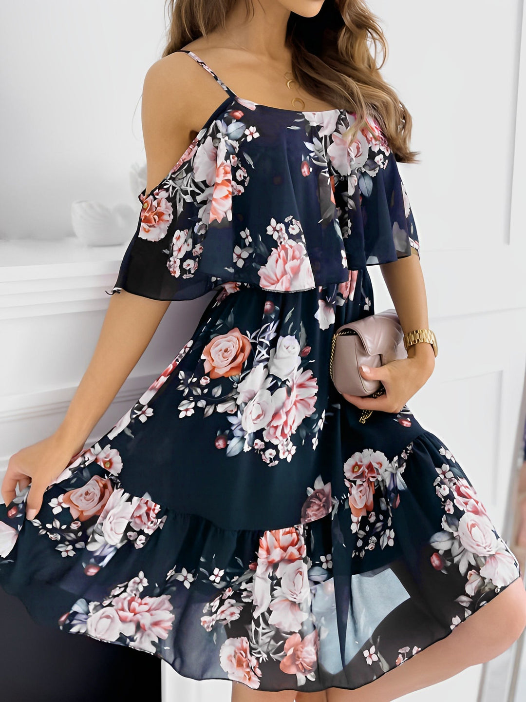 Effortless Floral Mini Dress for Women with Cold Shoulder Ruffle Trim Flowy Style