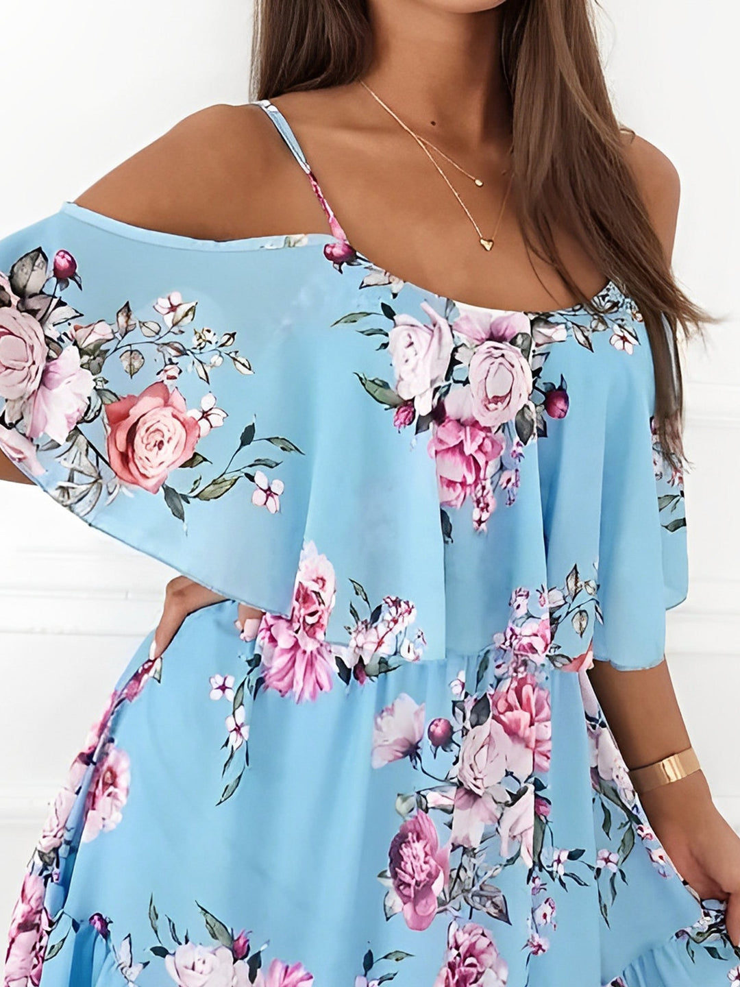 Effortless Floral Mini Dress for Women with Cold Shoulder Ruffle Trim Flowy Style