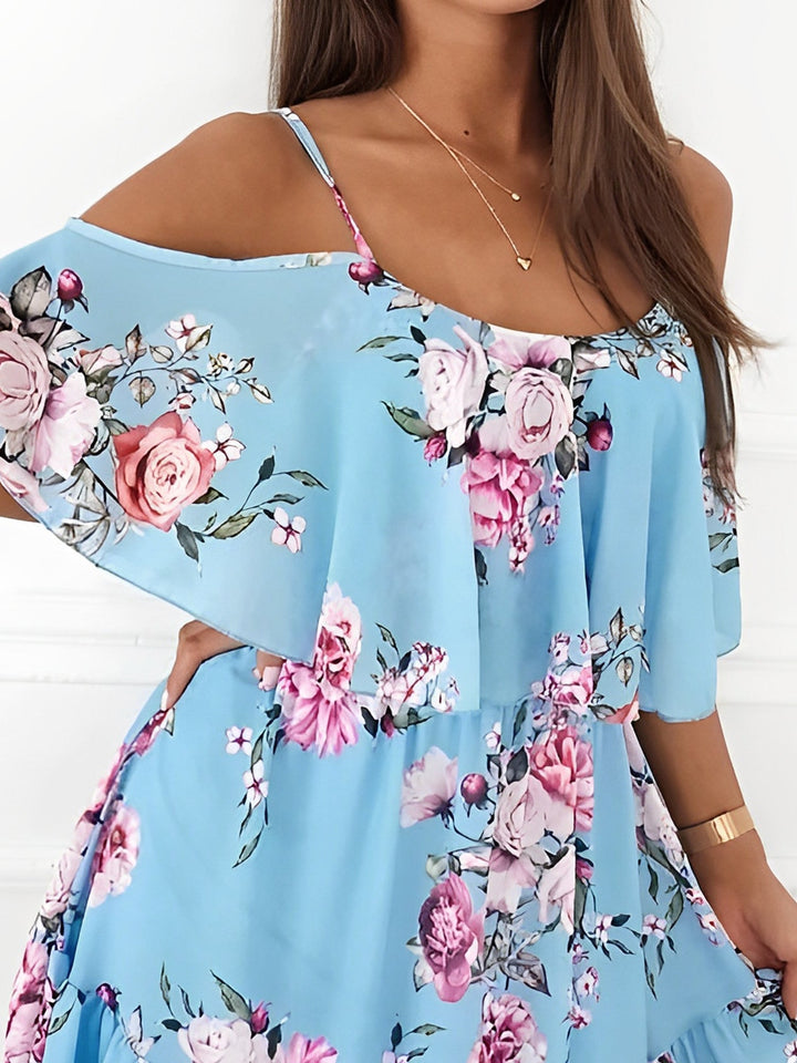 Effortless Floral Mini Dress for Women with Cold Shoulder Ruffle Trim Flowy Style
