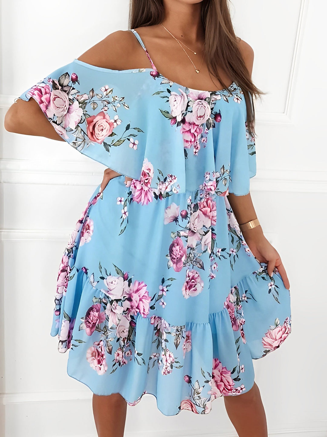 Effortless Floral Mini Dress for Women with Cold Shoulder Ruffle Trim Flowy Style