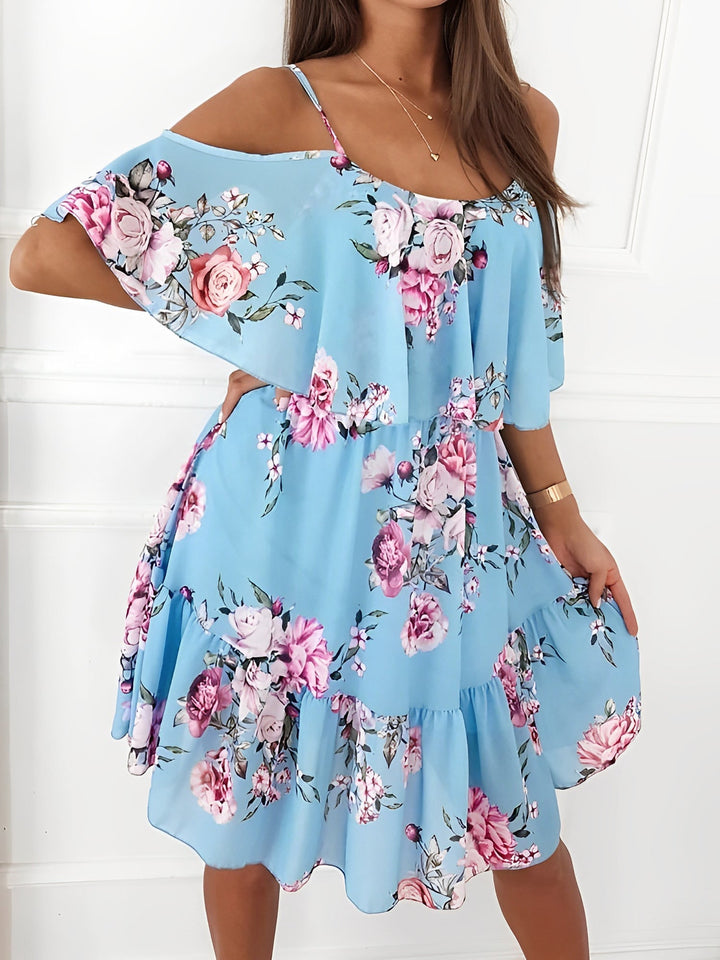Effortless Floral Mini Dress for Women with Cold Shoulder Ruffle Trim Flowy Style