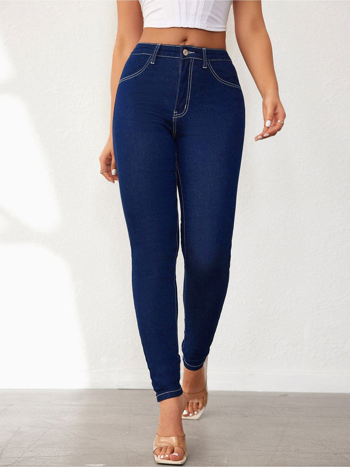 Effortless Dark Blue Relaxed Skinny Jeans for Women with High Waist Slim Fit Contrast Stitch