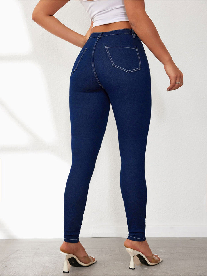 Effortless Dark Blue Relaxed Skinny Jeans for Women with High Waist Slim Fit Contrast Stitch