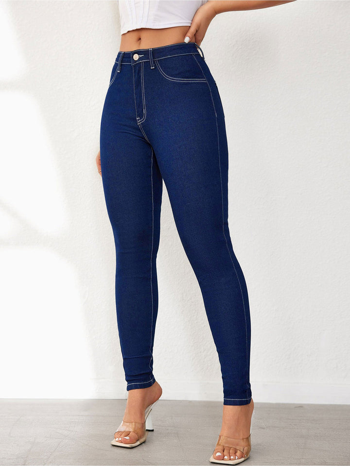 Effortless Dark Blue Relaxed Skinny Jeans for Women with High Waist Slim Fit Contrast Stitch