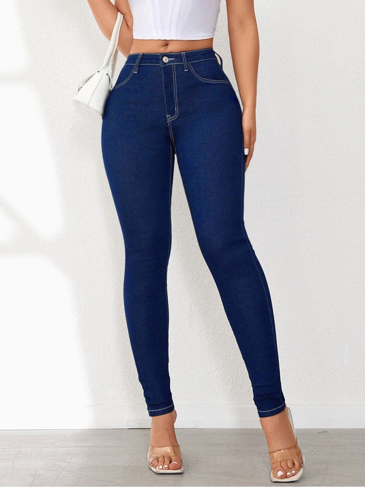 Effortless Dark Blue Relaxed Skinny Jeans for Women with High Waist Slim Fit Contrast Stitch