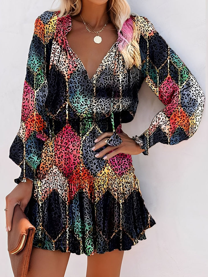 Effortless Mini Dress for Women with V Neck Long Sleeve Tiered Flowy Style