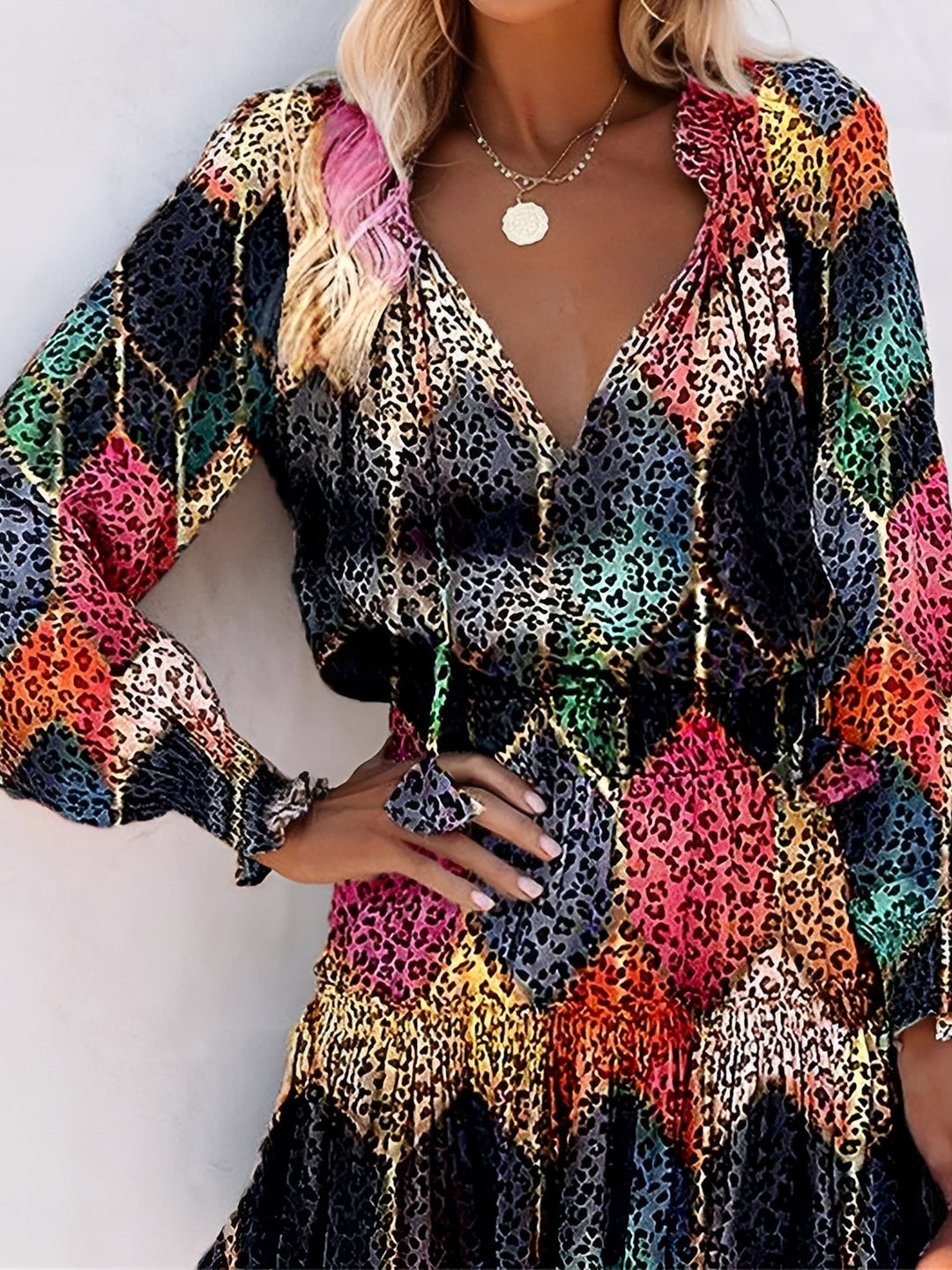 Effortless Mini Dress for Women with V Neck Long Sleeve Tiered Flowy Style