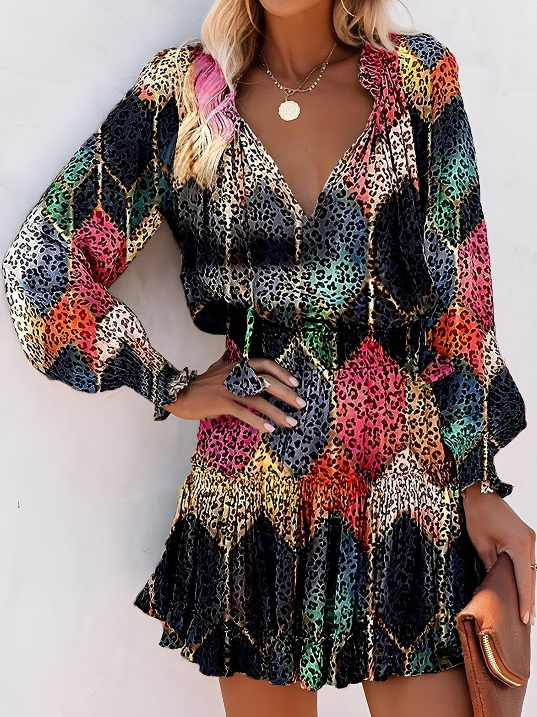 Effortless Mini Dress for Women with V Neck Long Sleeve Tiered Flowy Style