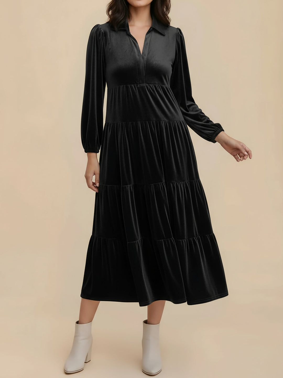 Elegant Black Tie Dress for Women with Collar Long Sleeve Tiered Flowing Fall Wedding Guest Style