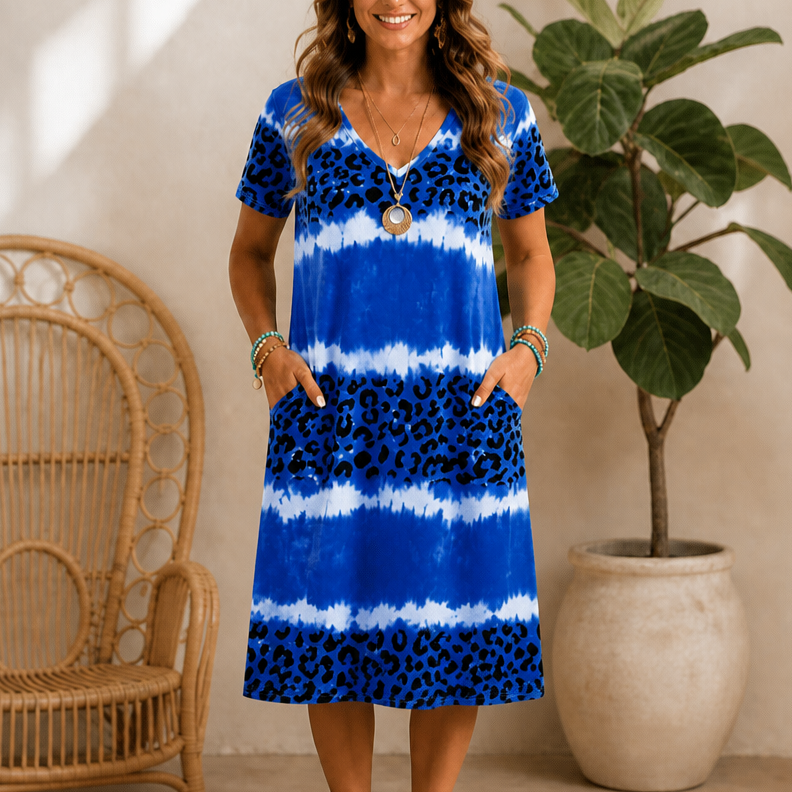 Effortless Tie Dye Leopard Print Midi Dress for Women with V Neck Short Sleeve Relaxed Pocket Bohemian Style