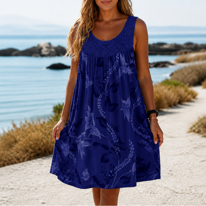 Effortless Floral Lace Mini Dress for Women with Scoop Neck Sleeveless Swing Flowy Style