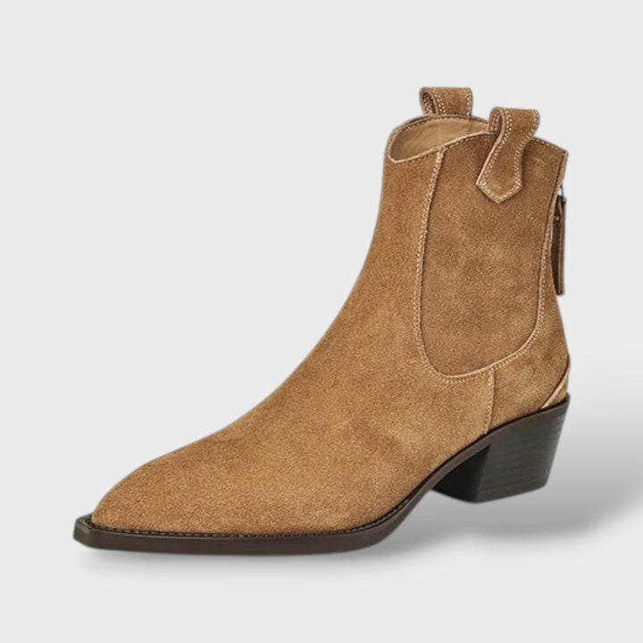 Stylish Suede Ankle Chelsea Boots for Women with Pointed Toe Chunky Heel Western Style