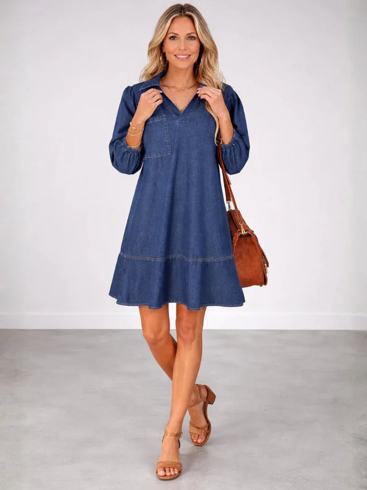 Effortless Denim Black Mini Dress for Women with Collared V Neck Balloon Sleeve Tiered Flowing Style