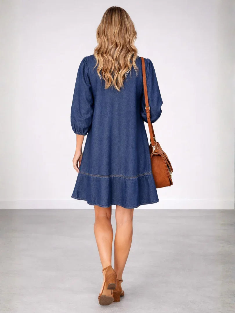 Effortless Denim Black Mini Dress for Women with Collared V Neck Balloon Sleeve Tiered Flowing Style