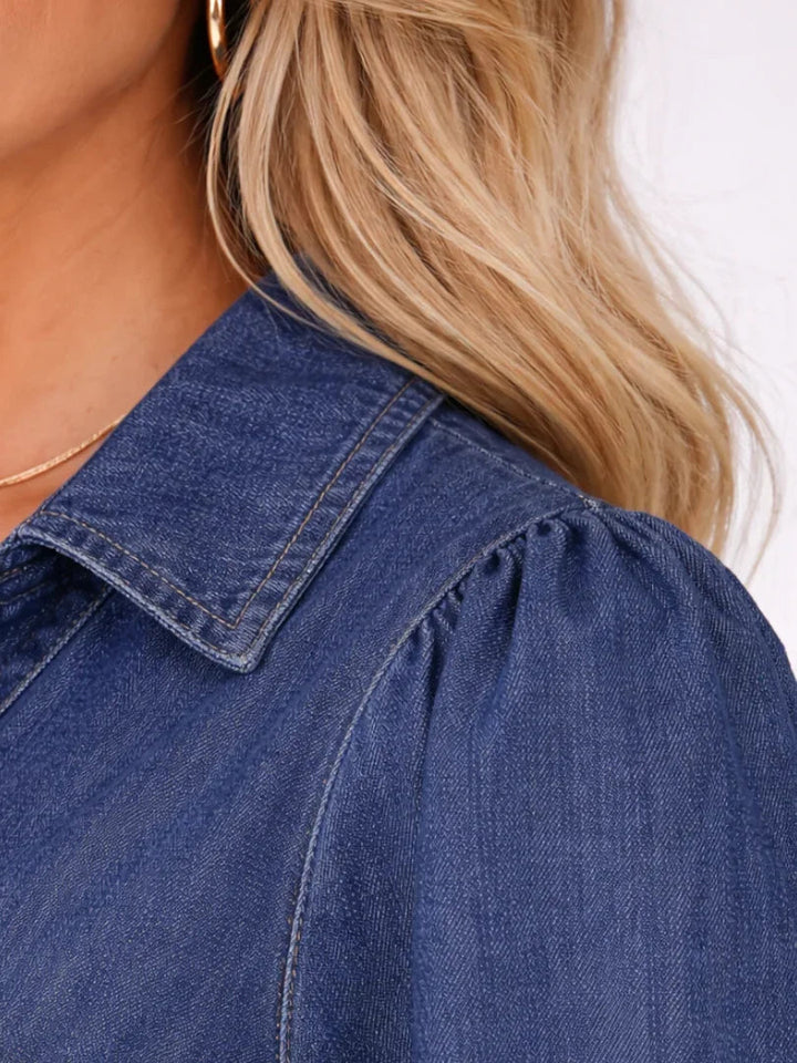Effortless Denim Black Mini Dress for Women with Collared V Neck Balloon Sleeve Tiered Flowing Style