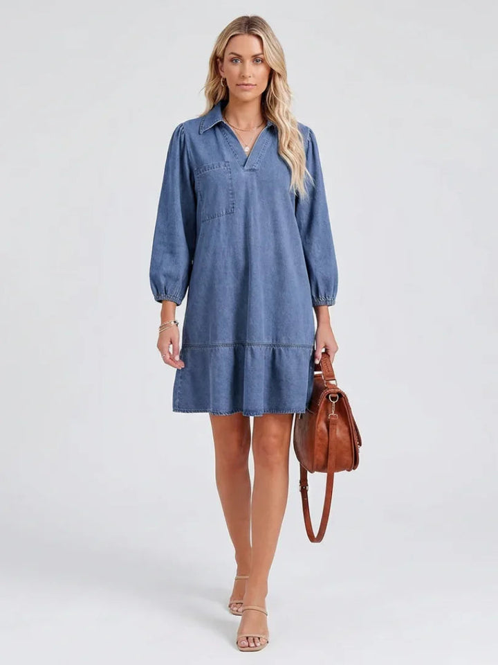 Effortless Denim Black Mini Dress for Women with Collared V Neck Balloon Sleeve Tiered Flowing Style