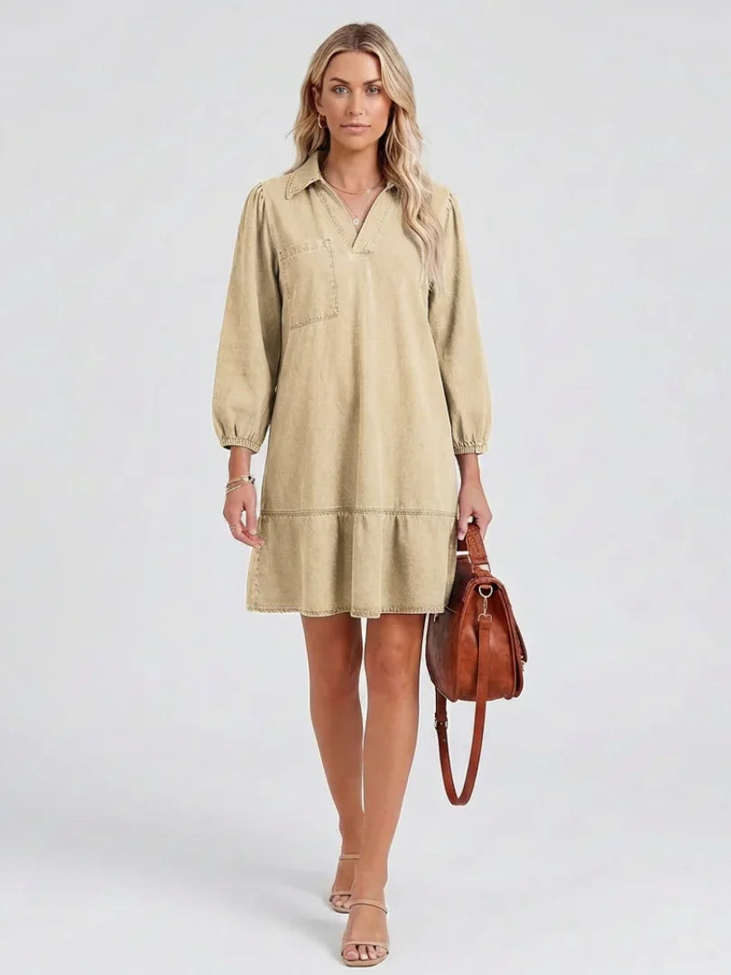Effortless Denim Black Mini Dress for Women with Collared V Neck Balloon Sleeve Tiered Flowing Style