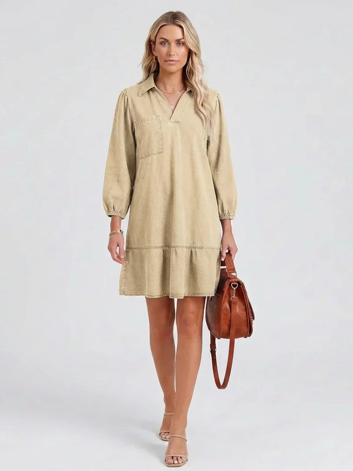 Effortless Denim Black Mini Dress for Women with Collared V Neck Balloon Sleeve Tiered Flowing Style