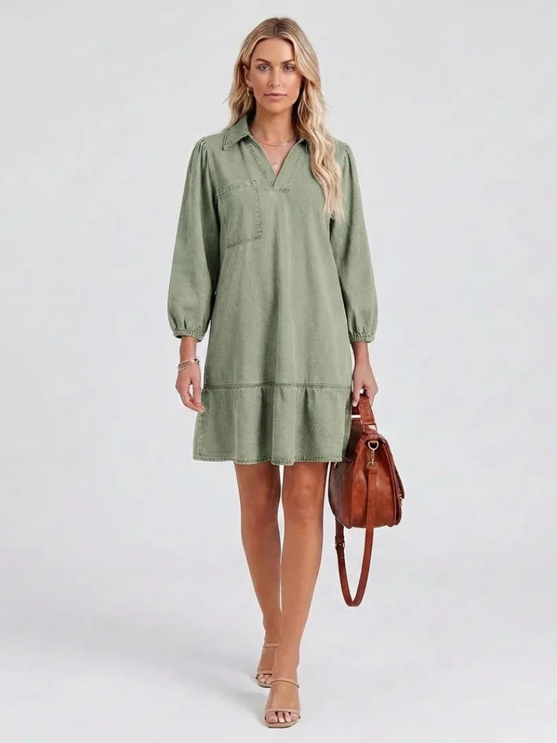 Effortless Denim Black Mini Dress for Women with Collared V Neck Balloon Sleeve Tiered Flowing Style