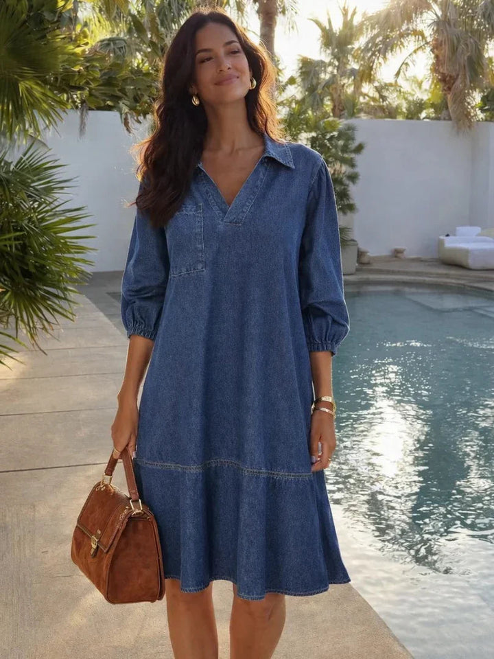 Effortless Denim Black Mini Dress for Women with Collared V Neck Balloon Sleeve Tiered Flowing Style