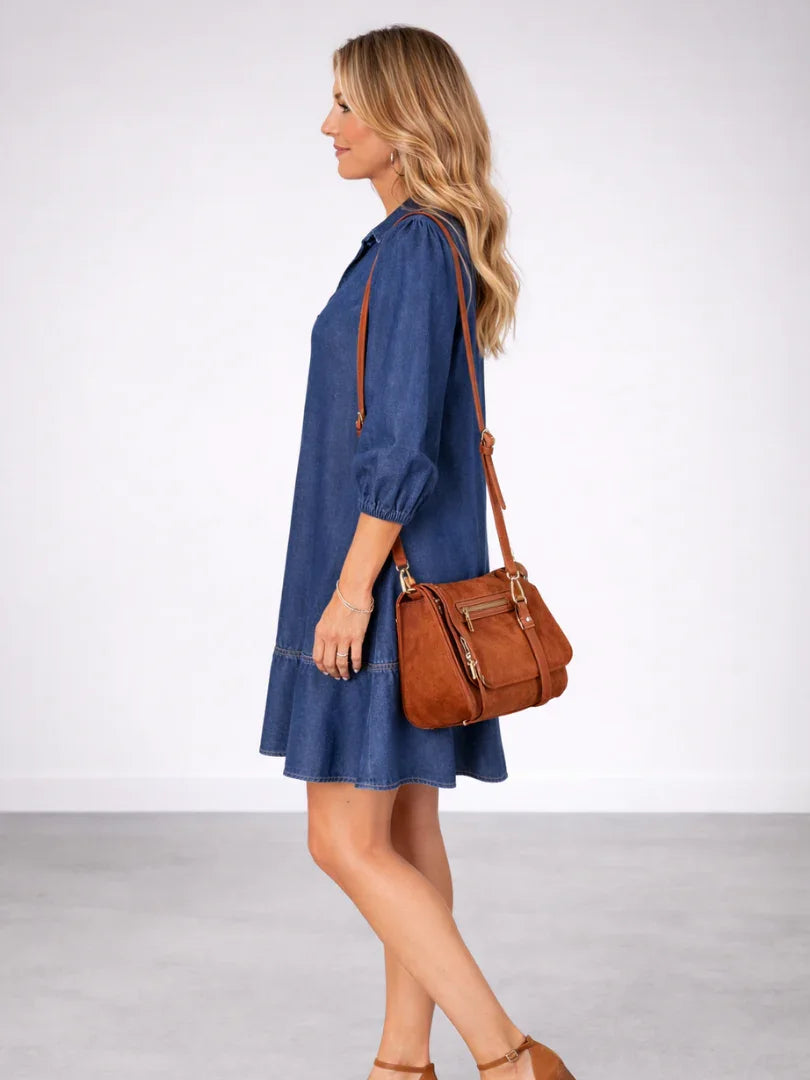 Effortless Denim Black Mini Dress for Women with Collared V Neck Balloon Sleeve Tiered Flowing Style