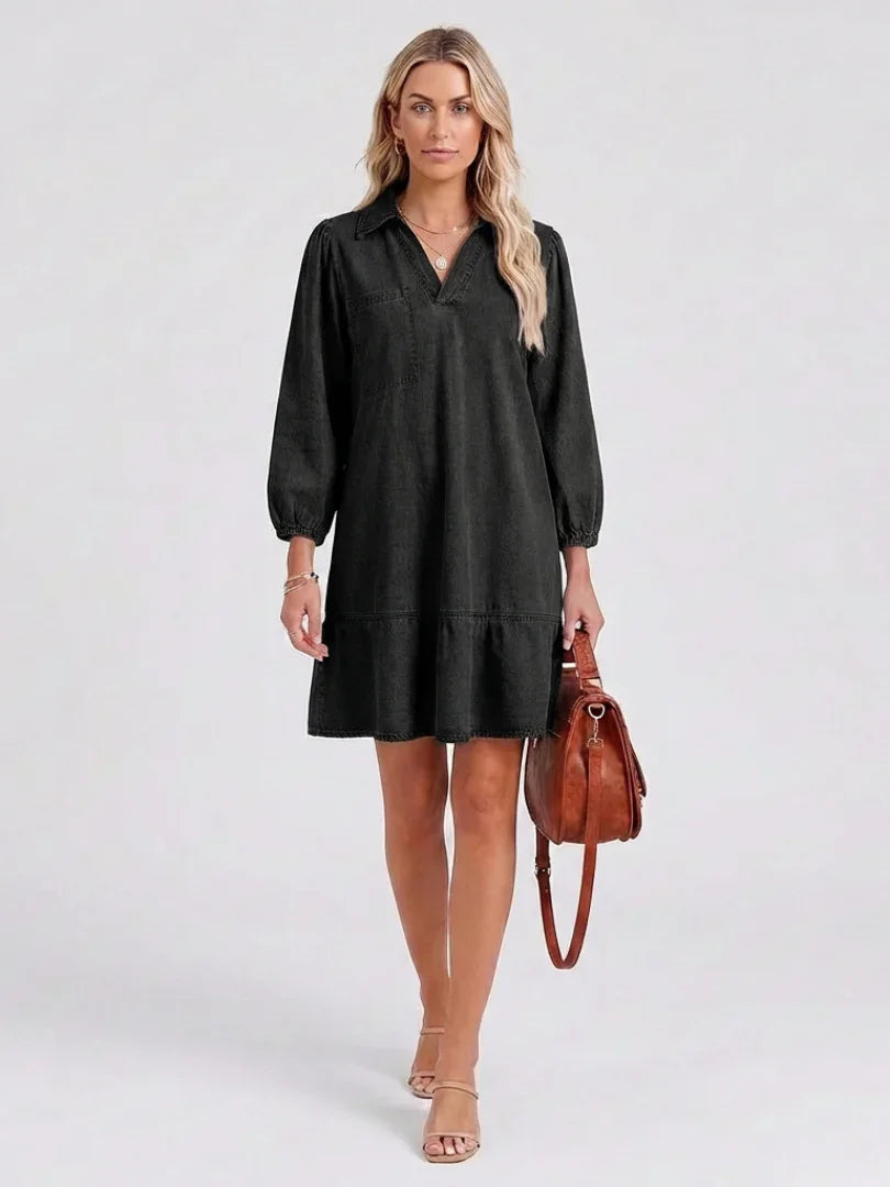Effortless Denim Black Mini Dress for Women with Collared V Neck Balloon Sleeve Tiered Flowing Style