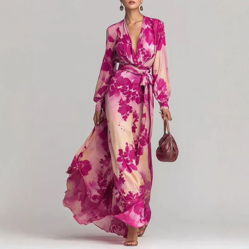 Elegant Floral Satin Autumn Wedding Guest Dress for Women with V Neck Balloon Sleeve Wrap Tie Flowing Style