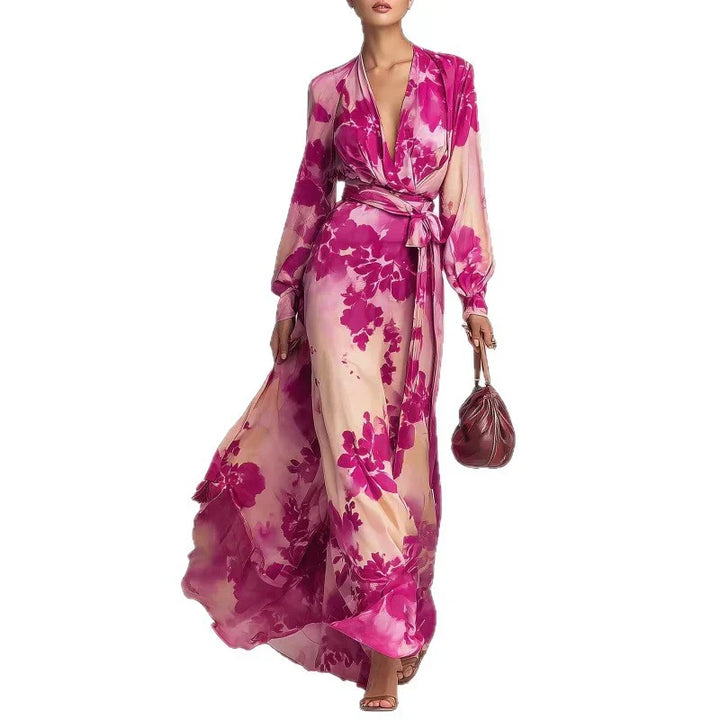 Elegant Floral Satin Autumn Wedding Guest Dress for Women with V Neck Balloon Sleeve Wrap Tie Flowing Style