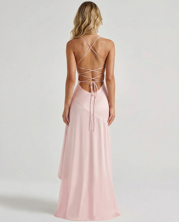 Elegant Satin Autumn Wedding Guest Dress for Women with Sweetheart Neck Spaghetti Strap High Low Ruffle Open Back Style