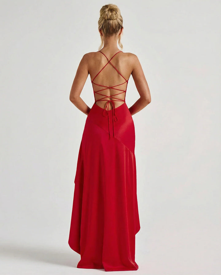 Elegant Satin Autumn Wedding Guest Dress for Women with Sweetheart Neck Spaghetti Strap High Low Ruffle Open Back Style
