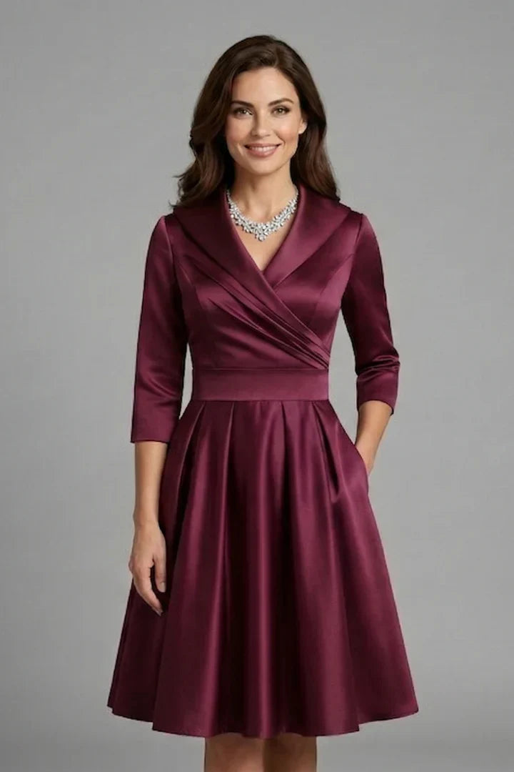 Elegant Satin Autumn Wedding Guest Dress for Women with Shawl Collar Three Quarter Sleeve Wrap Front Fit and Flare Style