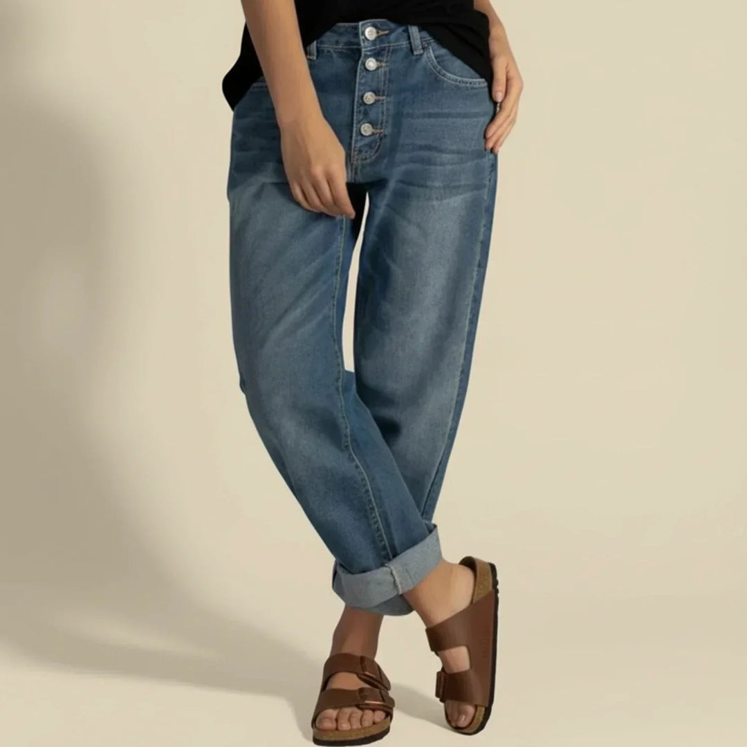 Effortless Relaxed Blue High Waisted Jeans for Women with Curved Cuffed Style