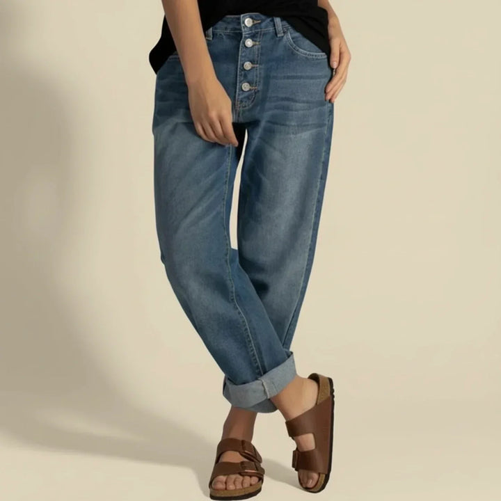 Effortless Relaxed Blue High Waisted Jeans for Women with Curved Cuffed Style