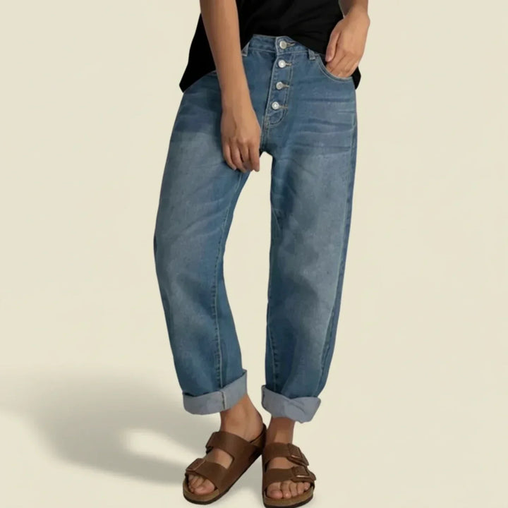 Effortless Relaxed Blue High Waisted Jeans for Women with Curved Cuffed Style
