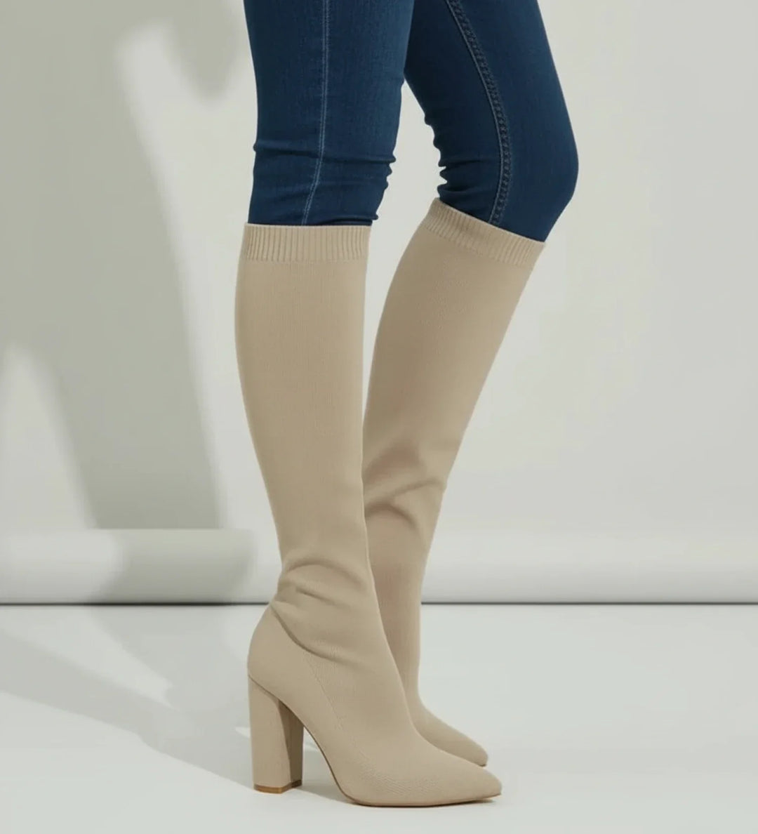 Stylish Knit Knee High Boots for Women with Pointed Toe Block Heel Sock Fit Style